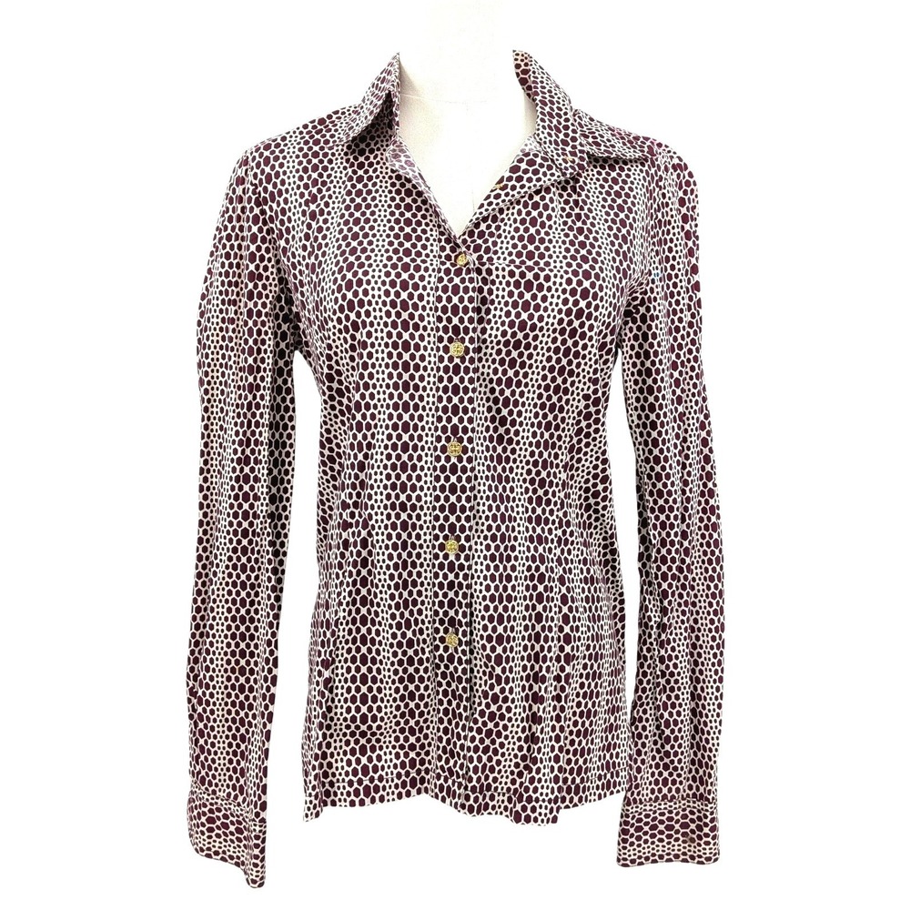 Tory Burch Burgundy‎ Geometric Button Front Shirt 6 Cotton Stretch